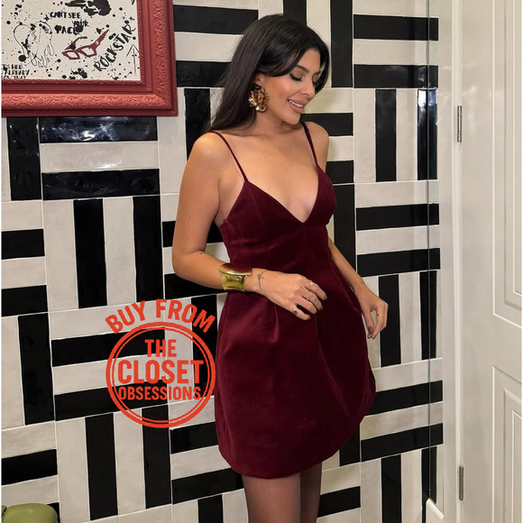 🍷 ZARA Velvet V-Neck Mini Dress NWT | Red Spaghetti Strap Flare M/L - Picture 9 of 16